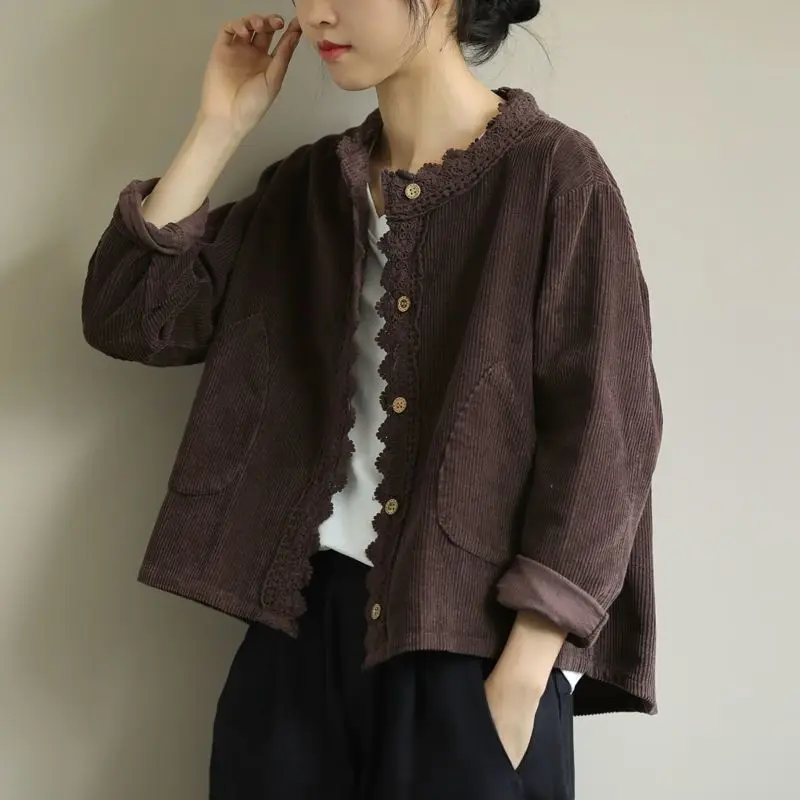 

Vintage Loose Artistic Plus Size Round Neck Jacket For Autumn And Winter, New Corduroy Lace Lace Short Jacket