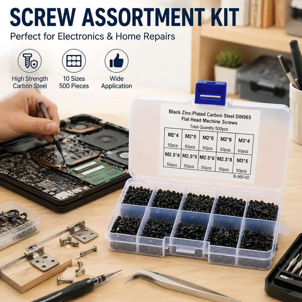 500pcs M2 M2.5 M3 Laptop Screws Kit Carbon Steel Flat Head Phillips Machine Screw Assortment Set For Computer Repair