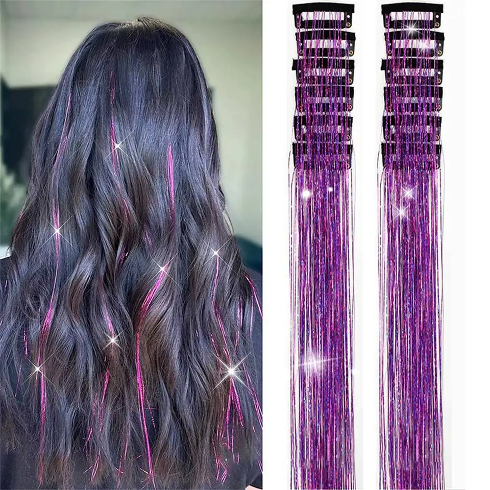 12 piezas tinsel de cabello con clip brillantina extensiones sintéticas para festivales fiestas accesorios 5