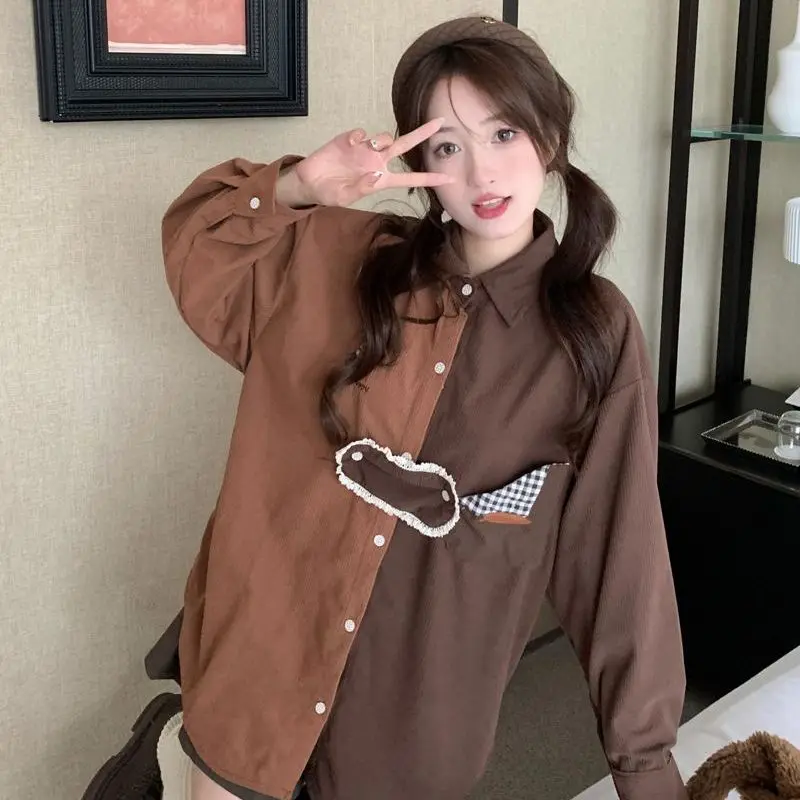 

Retro Patchwork Embroidered Dog Long Sleeve Loose Women's Shirt Casual Style Corduroy Top in Brown Color for Spring Autumn