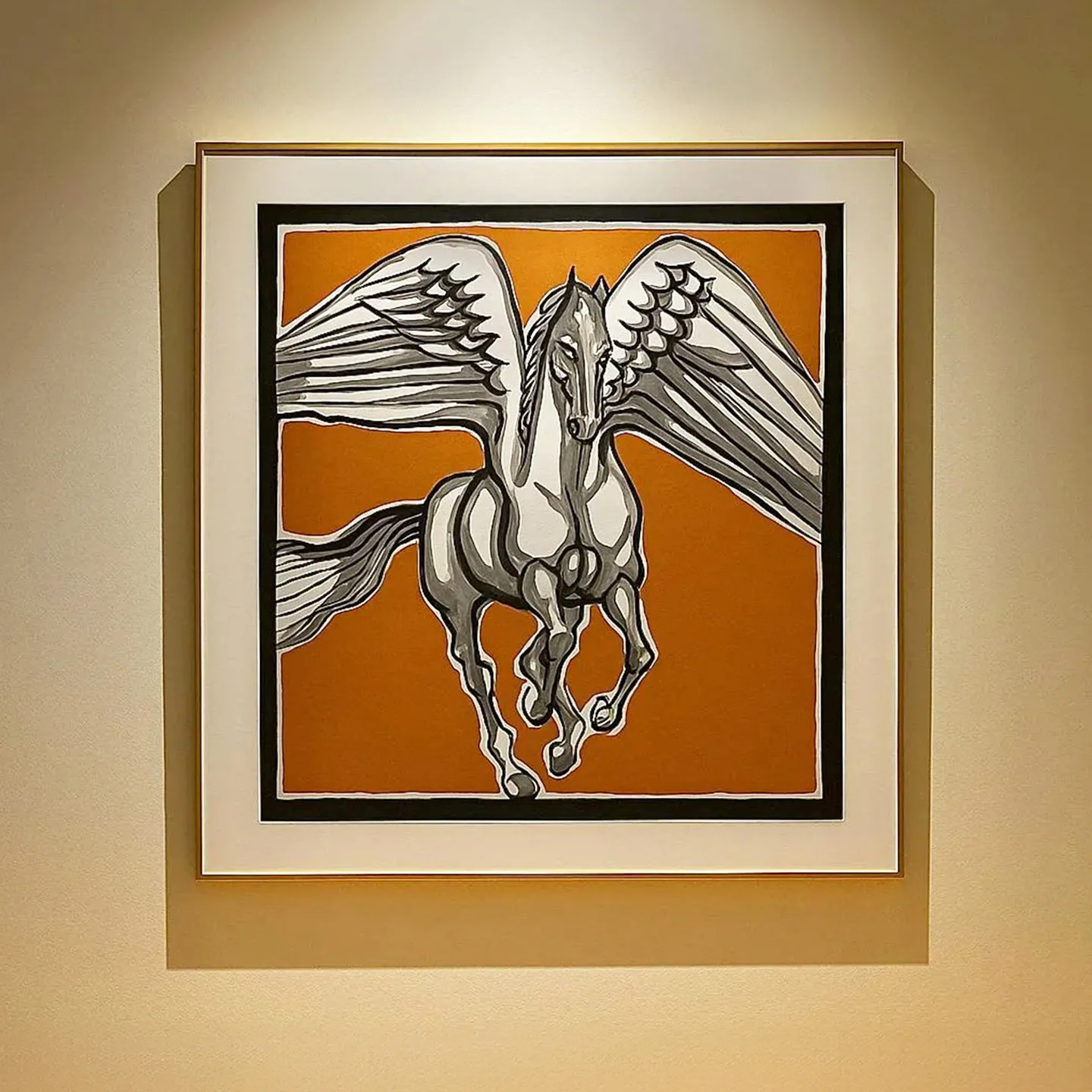 Framed Luxury Silk Scarf Wall Art Orange Pegasus Winged Horse Motif Silk Print Painting High‑end Villa Living Room Wall Decorati