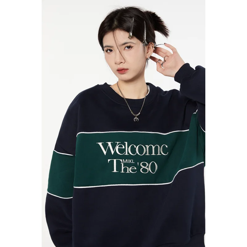 Vintage Dark Blue Plush Sweatshirt Letter Splicing Women Round Neck American Fashion Streetwear Lazy Wind Winter Female Pullover