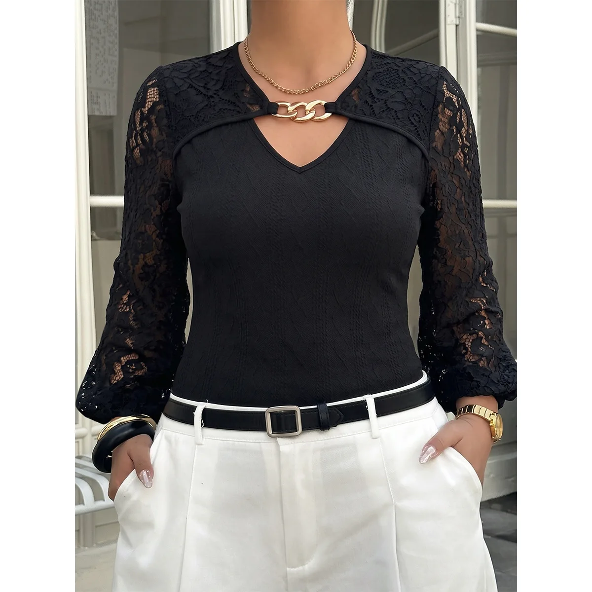 Wind V-neck Top With Metal Chain Embellishments, Lace Patchwork, Lantern Sleeves, And A Slim-fit Figure-flattering Texture