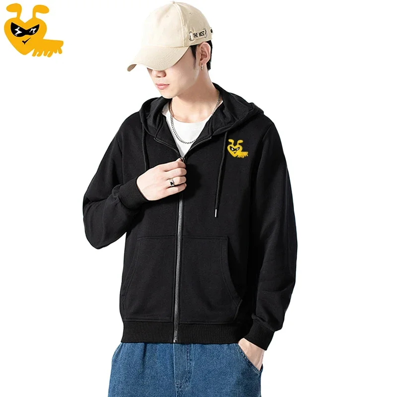 Break Egg Men Zipper Hoodie Cotton Cool Cute Glasses Ant Embroidery Pocket Loose Fleece Casual Autumn Sweater