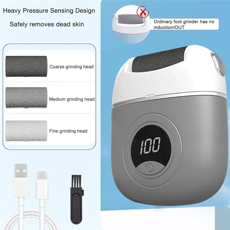 LED Display Electric Foot File Grinding Machine-3 Grinding Heads& 2 Speeds In Grey
