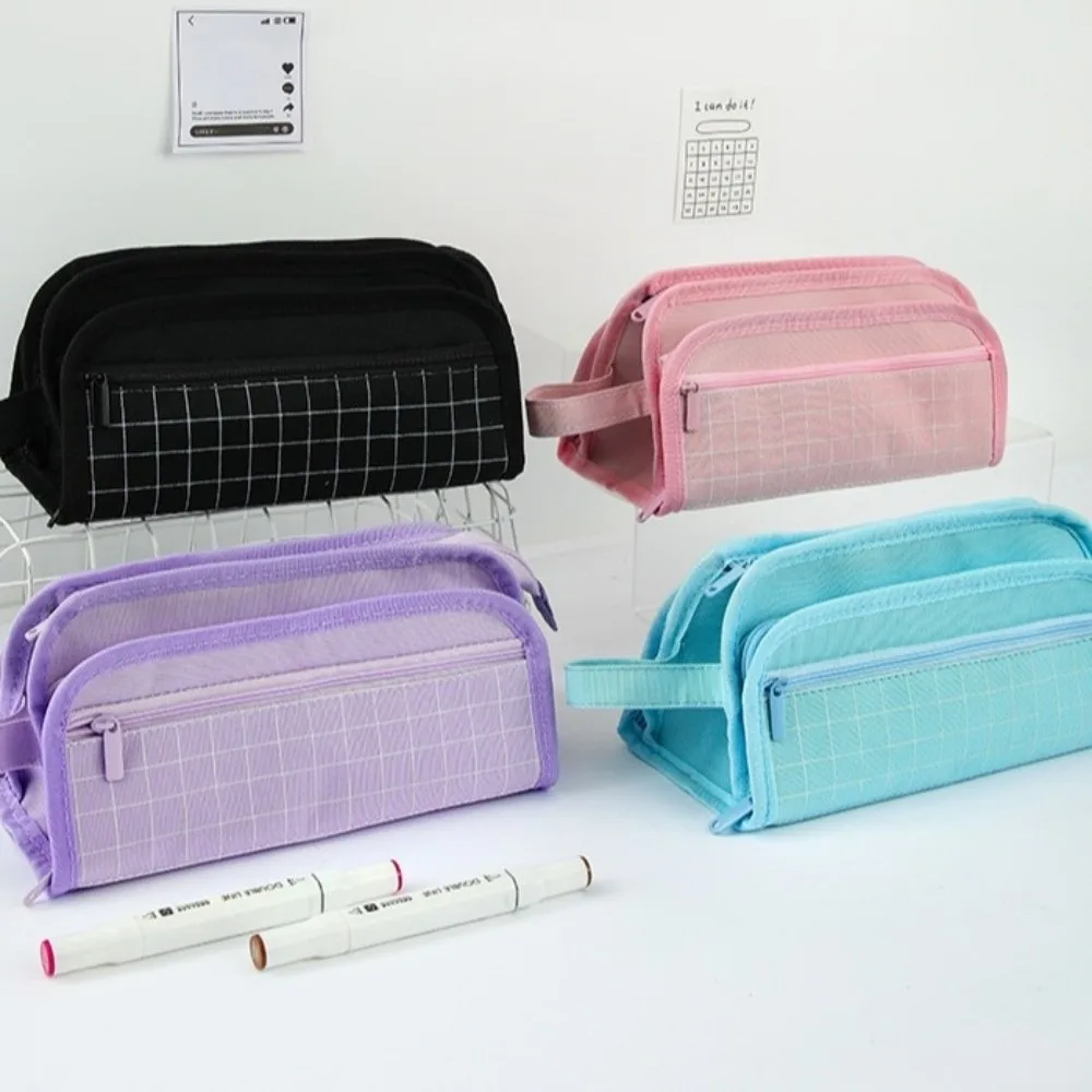 Durable Large-capacity Grid Pencil Case Simple Aesthetic Pen Storage Bag Portable Zipper Student Stationary Boxes Study Supplies