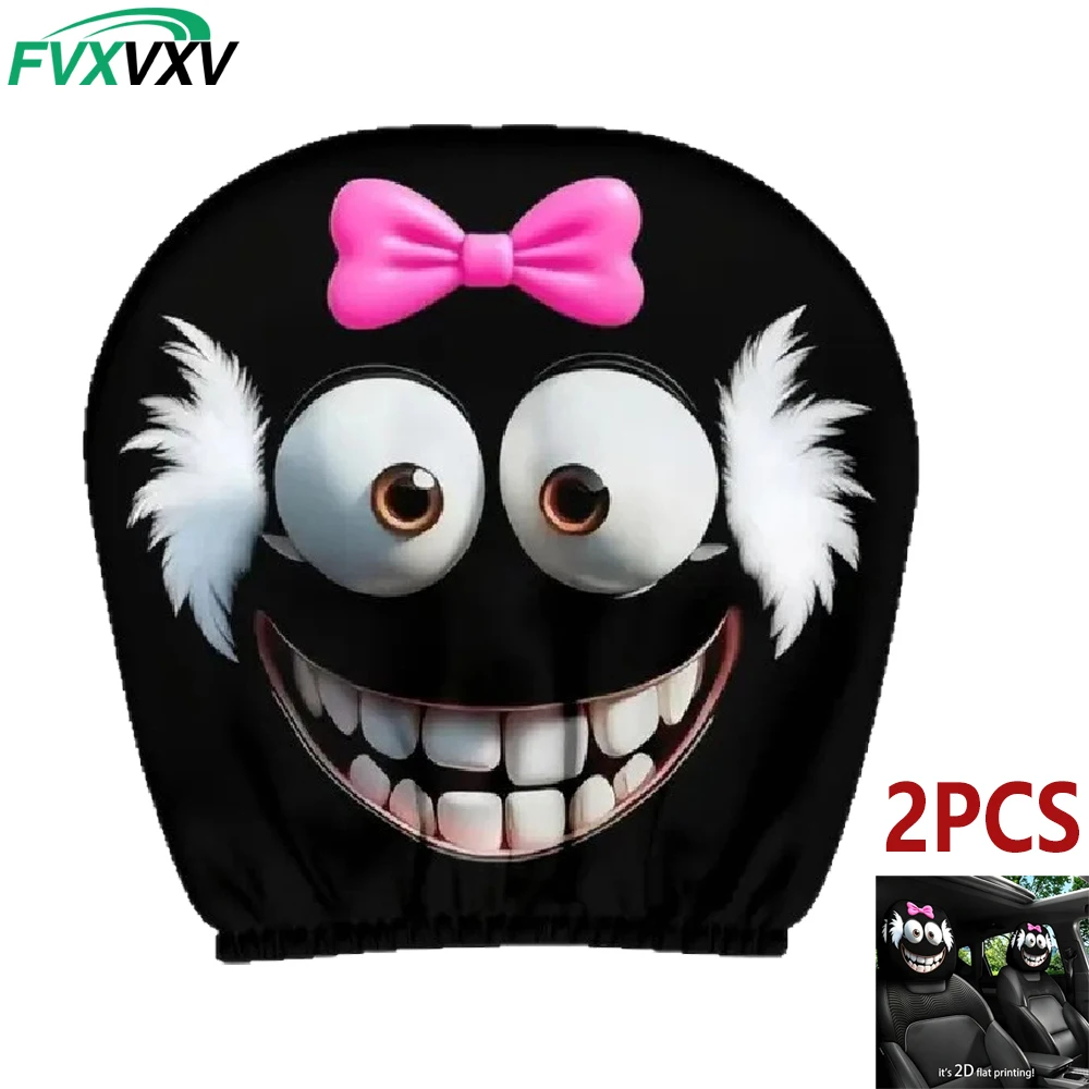 2PCS Smiley Face Car Headrest Covers, Black Elastic Fabric Universal Fit, Funny Interior Decor for Auto SUV Truck, Washable Brea
