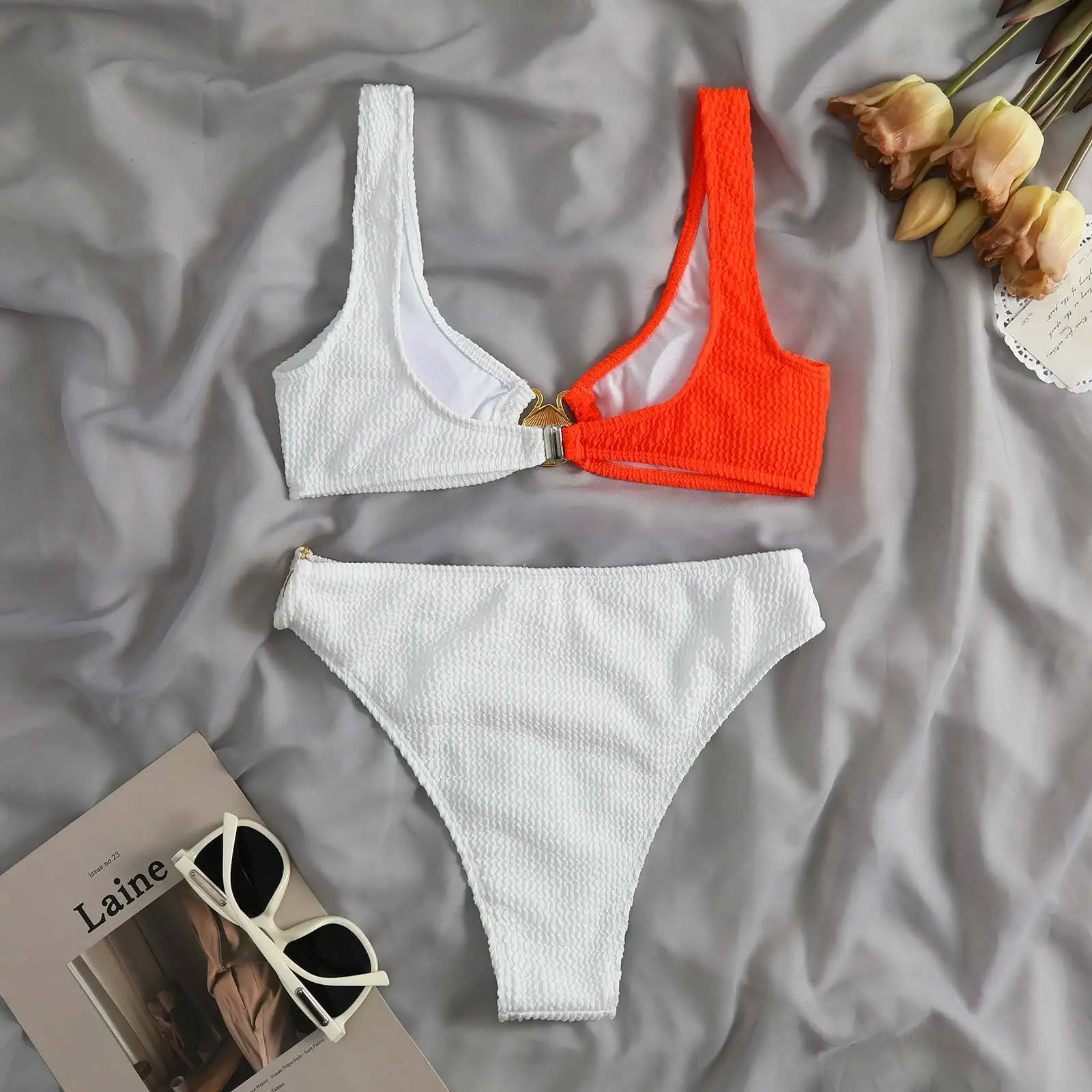 Strapless Bandeau Bikini Set Women Swimwear 2023 New Beach Bathing Suit Ribbed Push Up Bikinis Swimsuit Two Piece