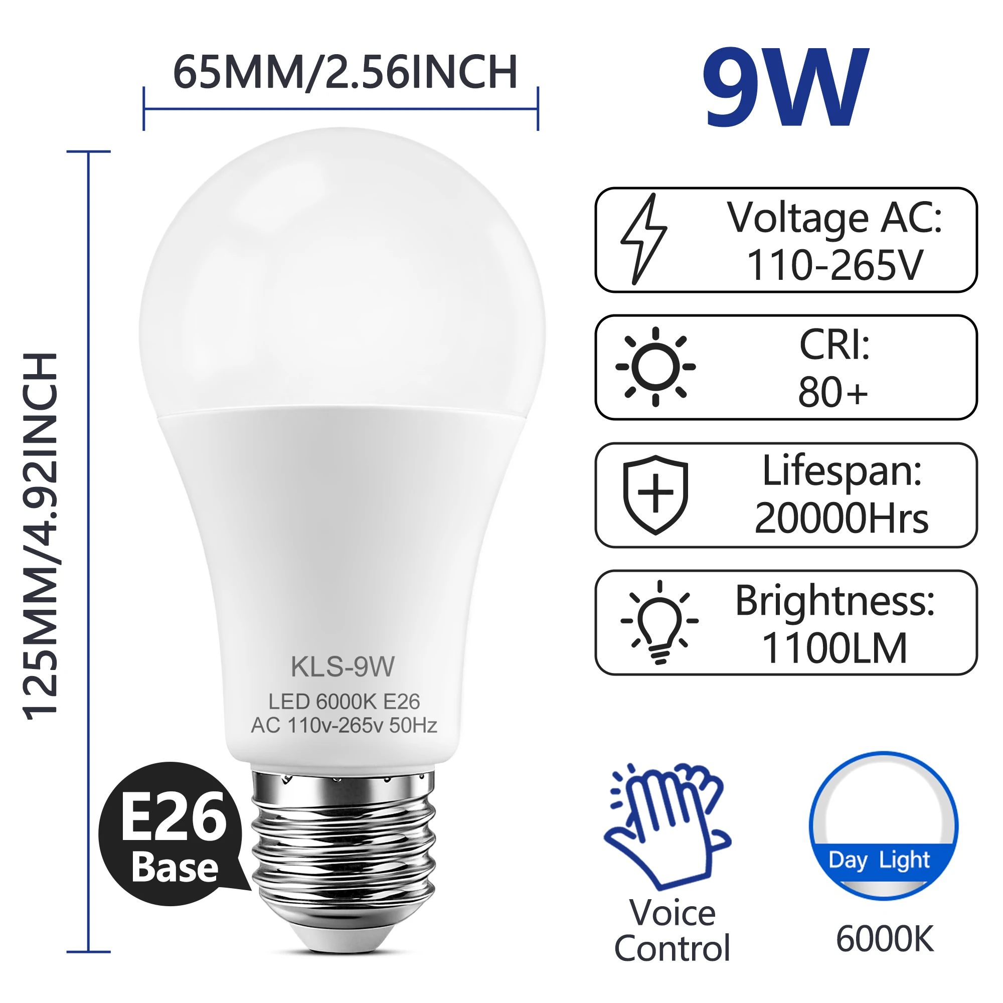 Kasotile Sound Sensor LED Bulb Voice Light Control Garage Lamp E27 9W Cold White 6500K For Stair Pathway Warehouse Garage