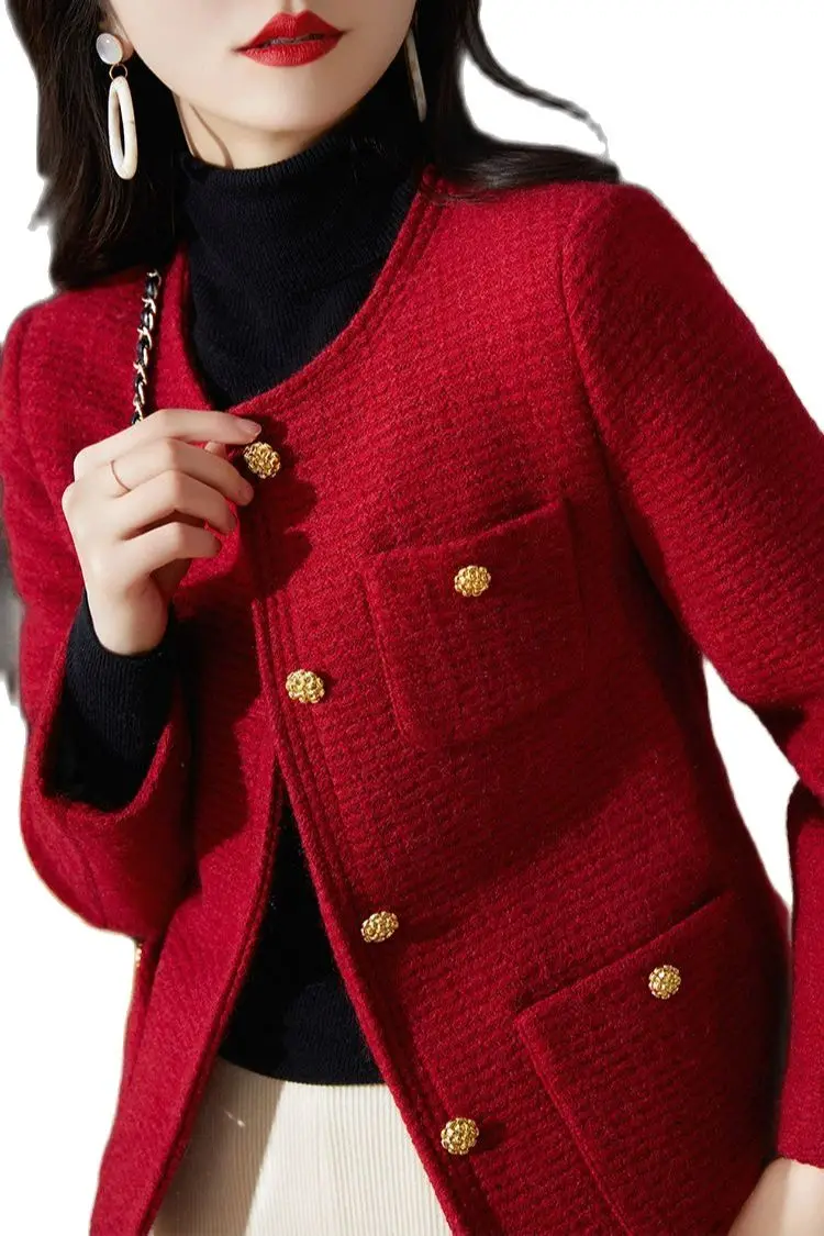 Women\'s Spring Autumn New Red White Fragrant Coat Chic Outerwear Tops High Street French Fashion