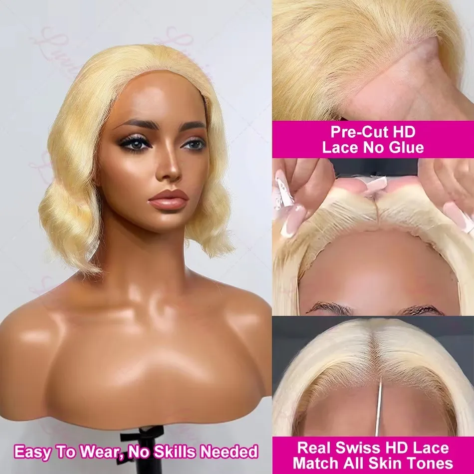 613 Blonde Short Curly Bob Wig Lace Front Wig Loose Wave Platinum Natural Hairline Hot Resistant Glueless Bob Cut Wigs for Women