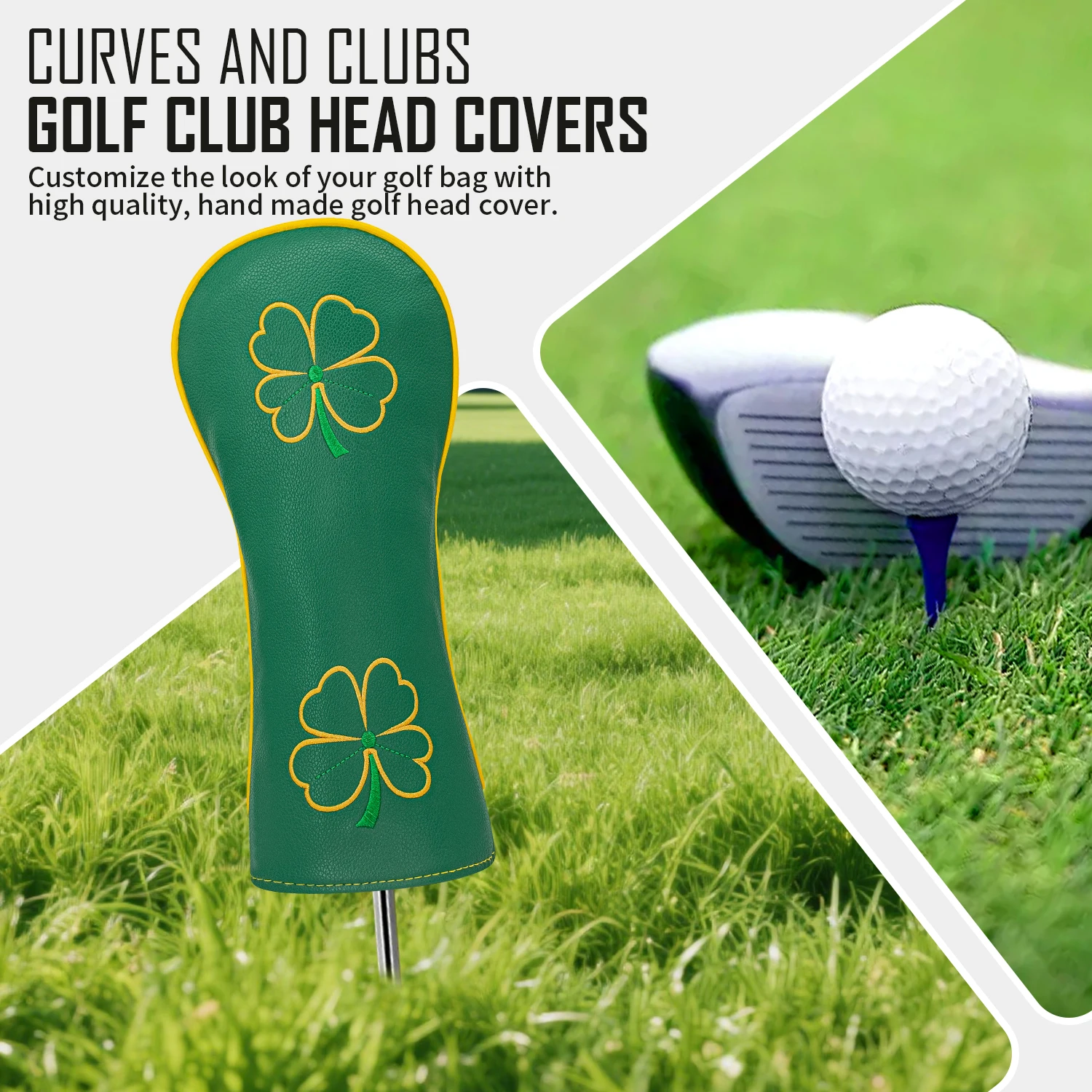 1PC/3PCS Lucky Clover Golf Headcover PU Golf Club Head Cover For Driver Fairway Hybrid Wood Protector With Rotating Number Tag