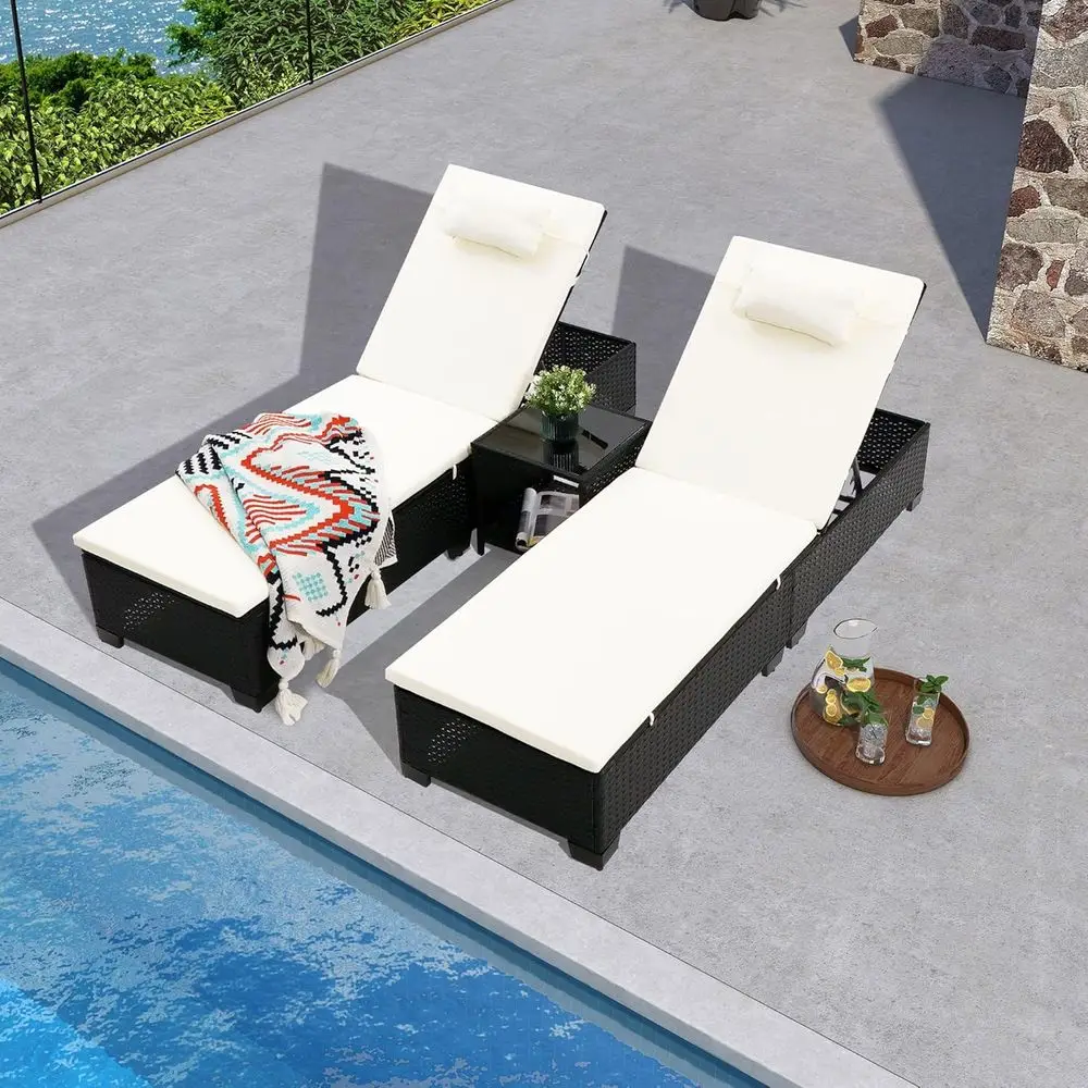 

3-Piece Outdoor Chaise Lounge Set with Coffee Table, Adjustable Wicker Chairs, Water-Resistant Cushions for Poolside and Backyar