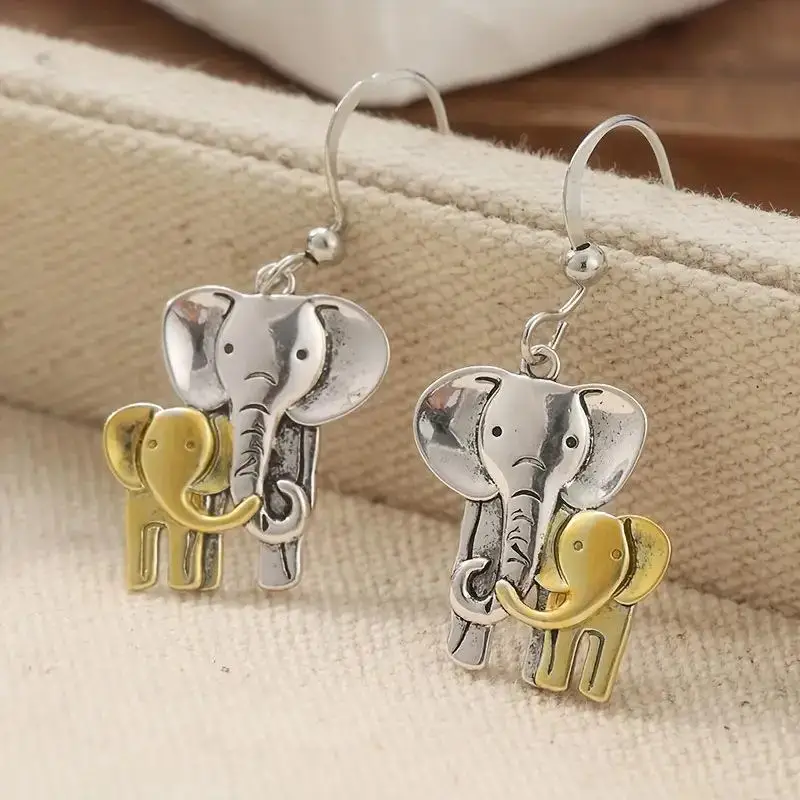 Vintage Two Color Elephant Dangle Women's Earrings Metal Hand Carving Party Daily Wear