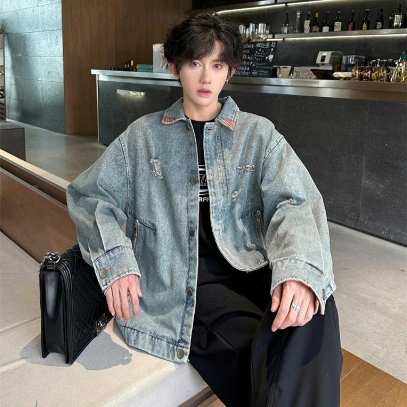 

Niche Design Fashion High Quality Plaid Printed Patched Wornout Design Denim Coat Men's 2025 Autumn Handsome Stylish Male Jacket