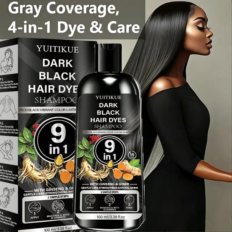 YUITIKUE Dark Black 9 In 1 Hair Dye Shampoo Ginseng Ginger Herbal DIY Home Hair Color Moisturizing Hair Care 100ml