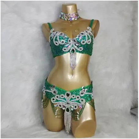 Costume de danse du ventre en cristal pour femmes, ensemble de 2 pièces, barre + ceinture, bikini, carnaval, gogo