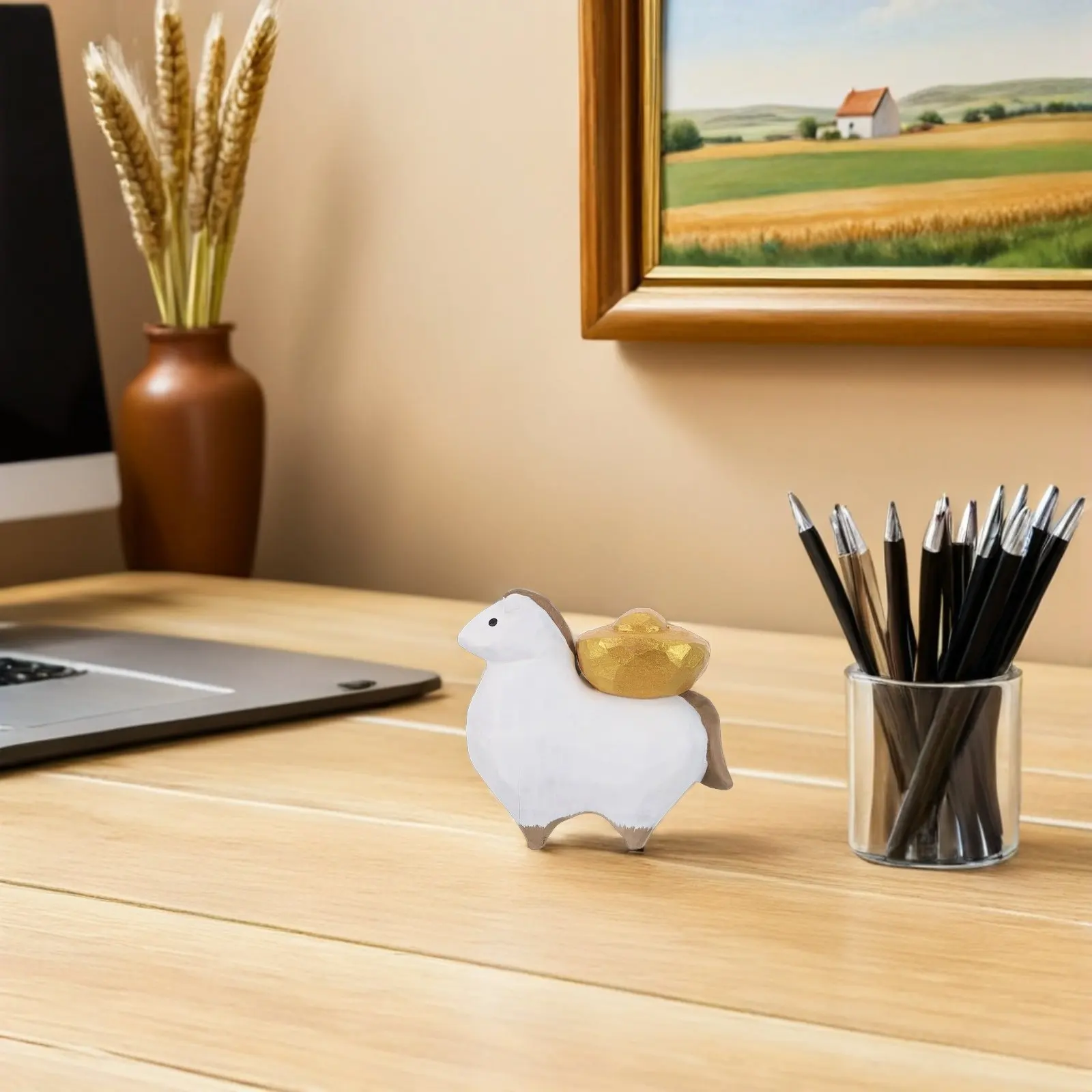 Wooden Hand-Carved Horse Sculpture Rustic Farmhouse Desk Decor Miniature Wood Animal Ornament Office Shelf Mantel Decoration