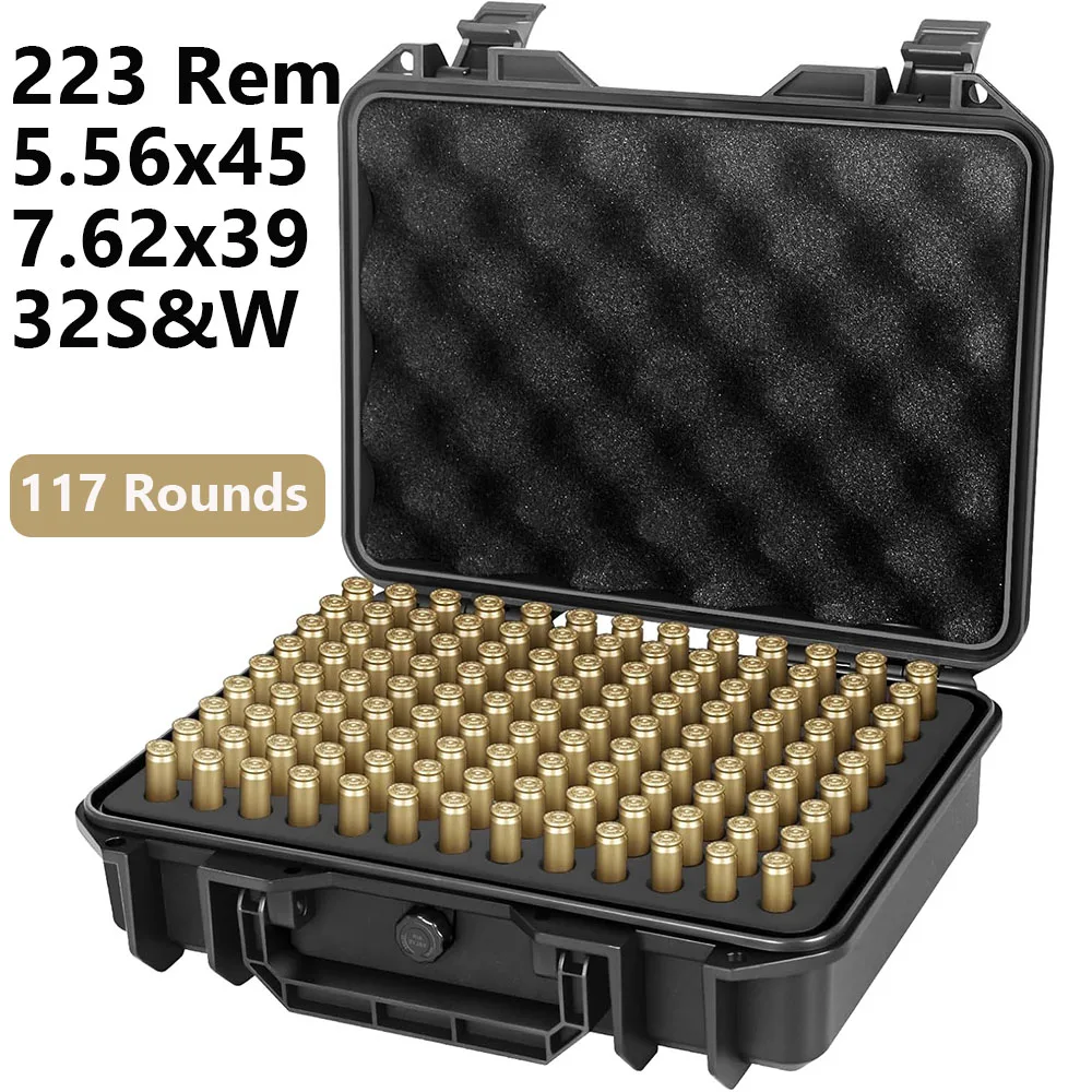 117 Rounds Ammo Box 223 5.56x45 7.62x39 32S&W Bullet Case Ammo Storage Box Ammunition Holder Cartridges Case Hunting Shooting