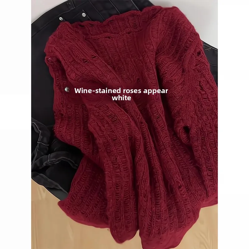 

Свободный женский трикотажный свитер больших размеров, осенняя коллекция 2026, в ленивом стиле, винно-красный, с льняным узором, для ношения под одеждой, белый топ, подчеркивающий фигуру