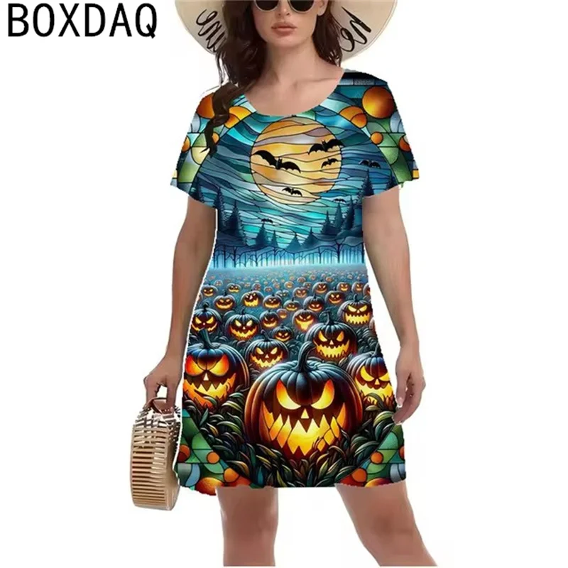 Halloween Horror Pumpkin Lantern Pattern Printed Dress Women Short Sleeve O-Neck Casual A-Line Dress Lady Y2K Style Dress