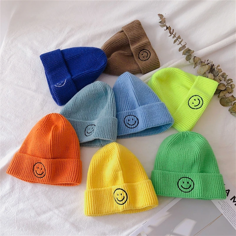 ins autumn winter Korean baby candy color cute embroidered smiling face children knitted hat baby warm wool hat