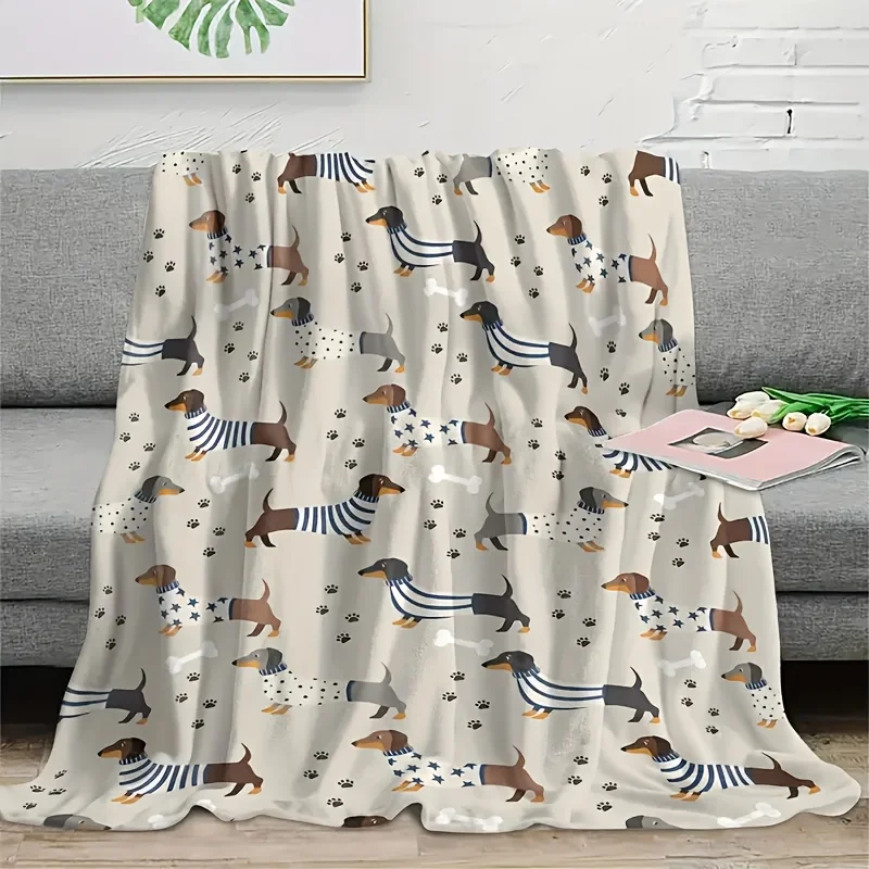 Cute Dachshund Dog Bone Paw Print Flannel Blanket Soft Lightweight Throw Blanket for Sofa Bed Couch All‑Season Cozy Blanket