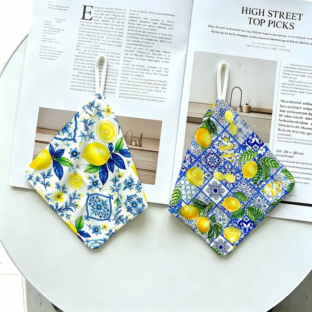 Morocco Lemon Fruit Pattern Art Hanging Kitchen Towel, Polyester Cotton Material, Wear Resistant Hand Wiping Towel for Home