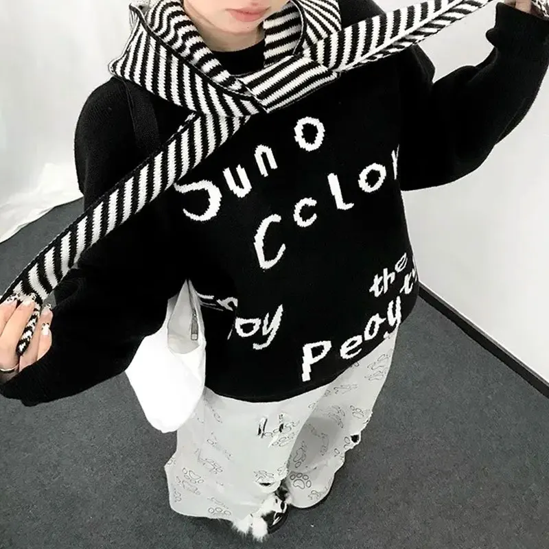 

Vintage Letter Jacquard Weave Knitted Pullovers Women's Clothing Casual Round Neck Autumn Winter Fashion Loose Basic Sweaters