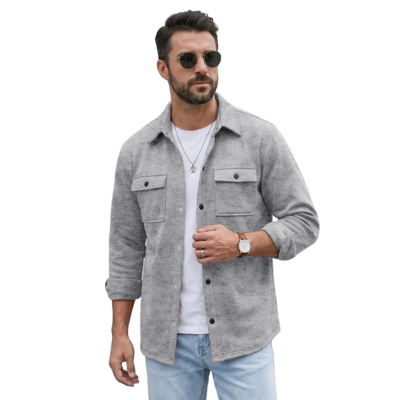 Men Casual Workwear Shirt Jacket Multi Pockets Lapel Long Sleeve Loose Breathable Outerwear For Amazon European Market