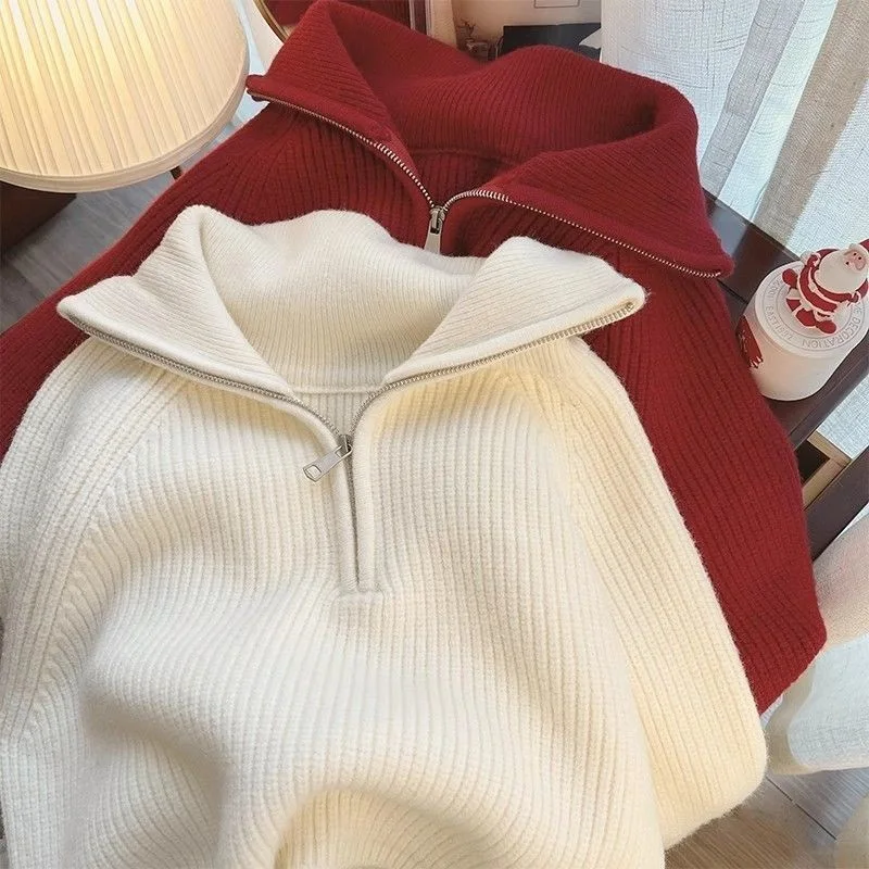 Casual Womens Half Zip Ribbed Knit Sweater Turn Down Collar Long Sleeve Loose Cropped Pullover Autumn Winter Daily Street Wear