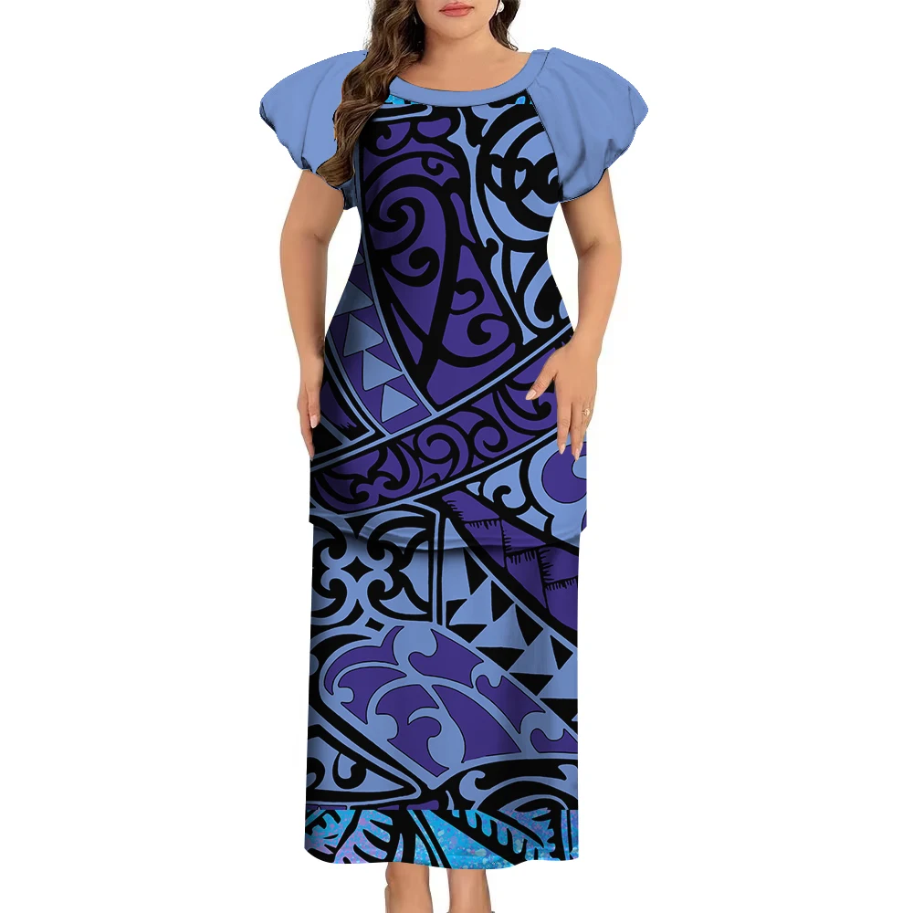 New Summer Women'S Dress Traditional Polynesian Art Print Custom Ladies Banquet Dress Puletasi Dress With Puffy Sleeves