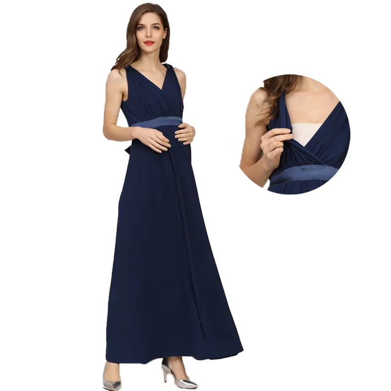 Nursing Maternity Maxi Dress V Neck Sleeveless Satin Sash Empire Waist Soft Stretch Plus Size Evening Party Pregnant Dress