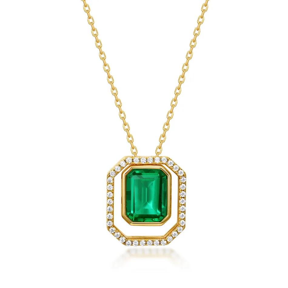 

ALLNOEL Solid 925 Silver Necklace For Woman Certified Rectangle 7*9mm Lab Created Emerald Gemstone Gold Plated Chic Gift Jewelry