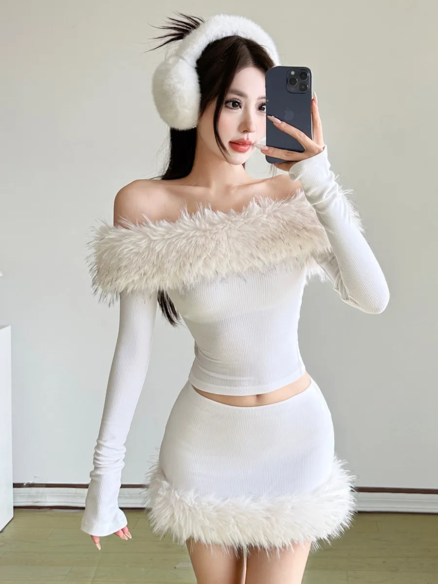 

Ele Pure Desire Женский костюм Slim Fit на одно плечо Топ Сексуальная юбка Осень Зима Новый комплект из двух предметов Повседневная работа P...