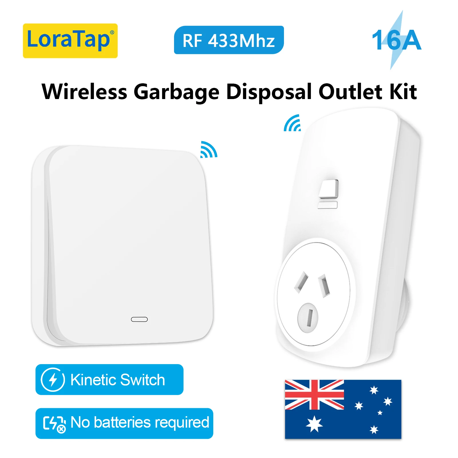 

LoraTap Wireless 16A RF AU Plug Socket With Kinetic Energy Switch Kit For Food Grinder Pump No Drilling No Pipe Replace