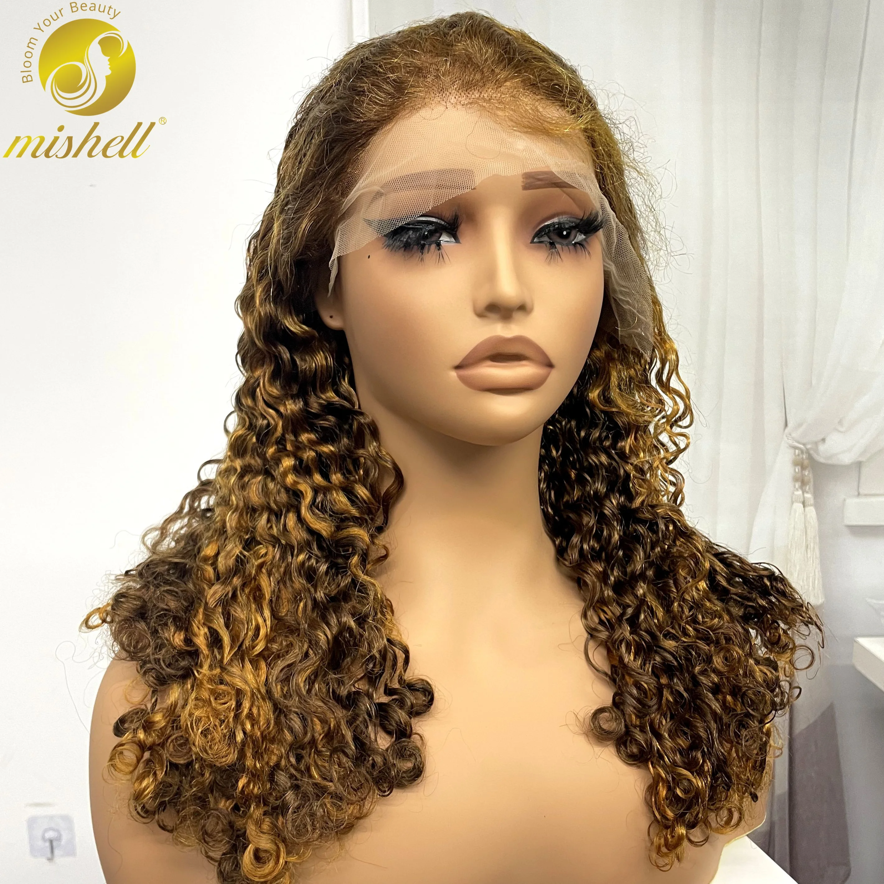 Highlight Romance Weave Human Hair Wigs 300% Density 13x4 Lace Frontal Natural Burmese Bouncy Curly Remy Hair Wigs for Women