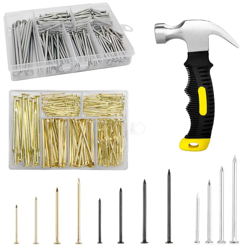 

350pcs Hardware Wall Nails for Hanging Pictures,Wall Art Decor,20-50mm Finish Nails Assortment Kit with Hammer for Drywall Wood