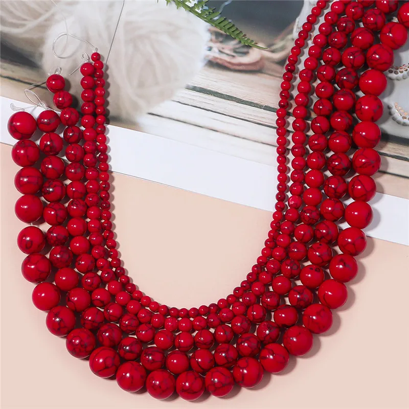 1 Strand Red Turquoise Stone Beads 4/6/8/10/12mm Round Natural Gemstone Bead for DIY Bracelet Necklace Jewelry Making Wholesale