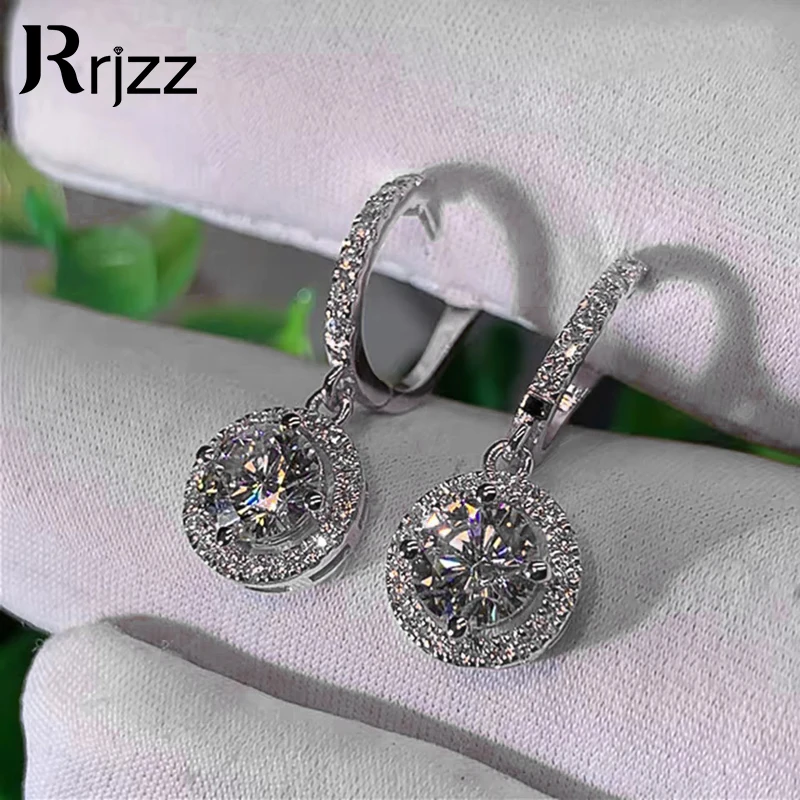 Rrjzz 1CT Round Cut D VVS1 Moissanite Dangle Earrings GRA Certified 14k Plated Drop Halo Huggie Hoops Earring for Women Jewelry