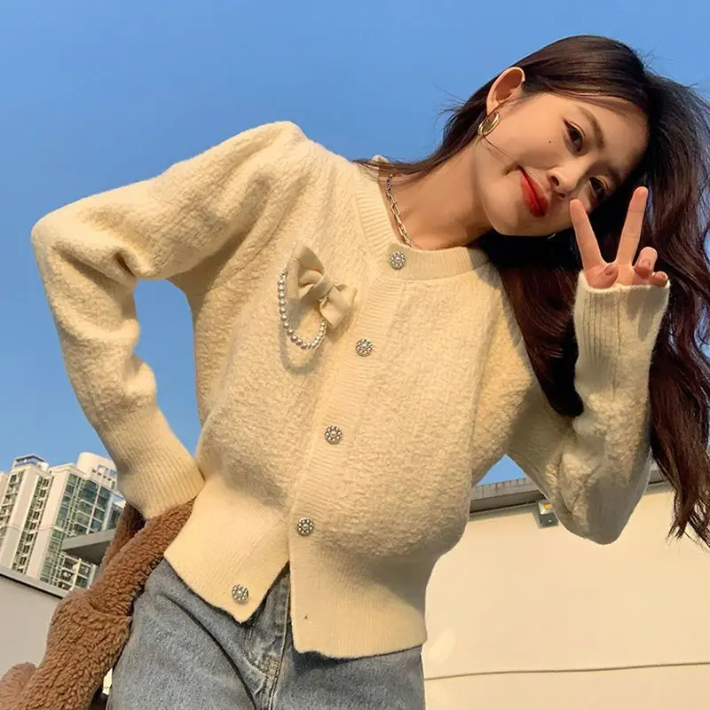 

Cardigan Sweet Round Neck Sweater Cardigan Bowknot Long Sleeve Design Sense French Small Fragrant Cardigan Sweater Female Coat