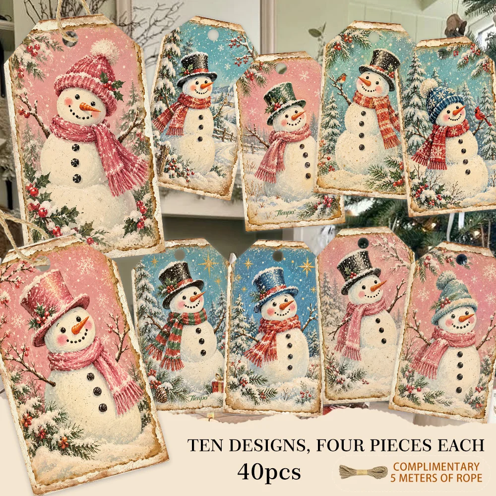 40pcs, Gift Tags, Pink Blue Snowman Snow Scene, Hanging Paper Labels for Gift Wrapping, Holiday Party Decor with String
