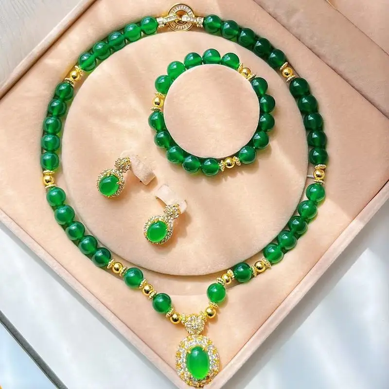 10mm Imperial Green Chalcedony Necklace Earrings and Bracelet Set