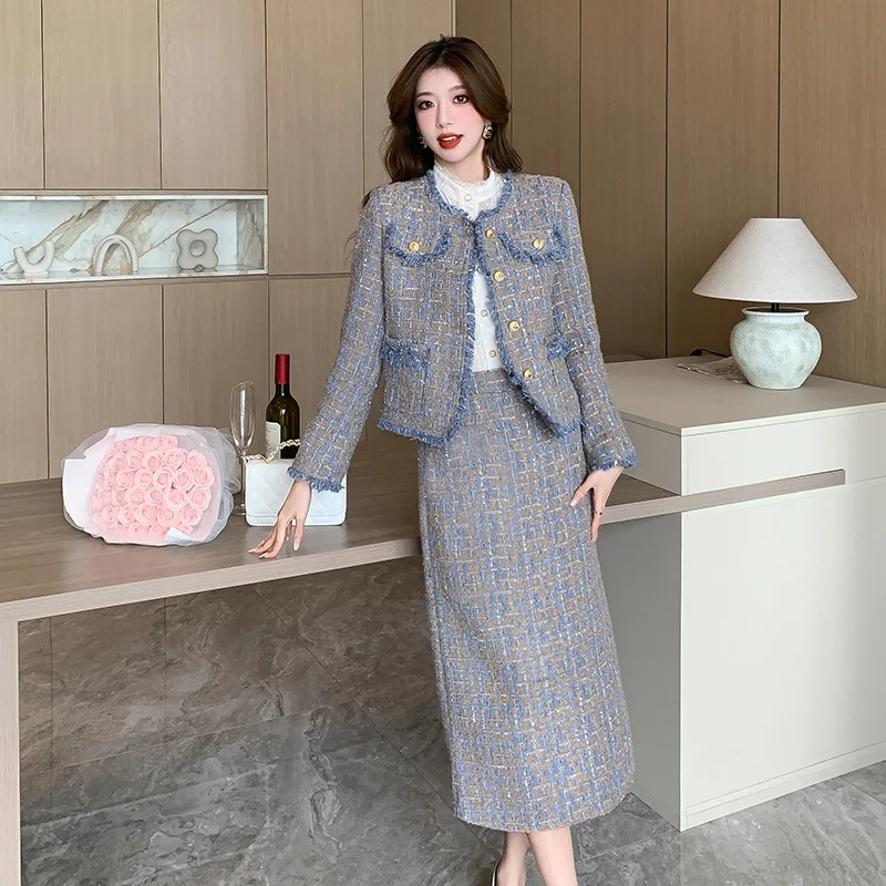 Autumn and Winter Women Tweed Suit High-class Celebrity Retro Round Neck Single-breasted Blazer Jacket Mid-length Skirt 2pcs set