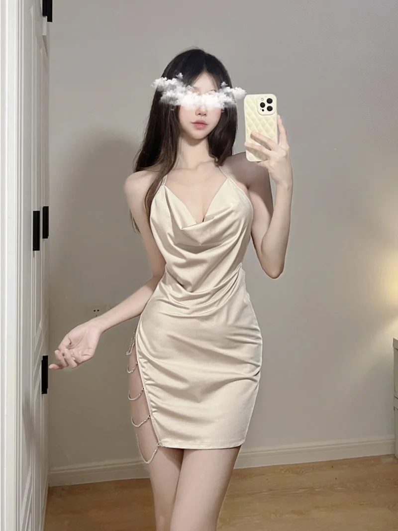 

Sexy Suspender Pajamas Secretary Uniform Swinging Collar Backless Fork Folds Diamond Chain Solid Silk Lace Up Short Charm MKJB