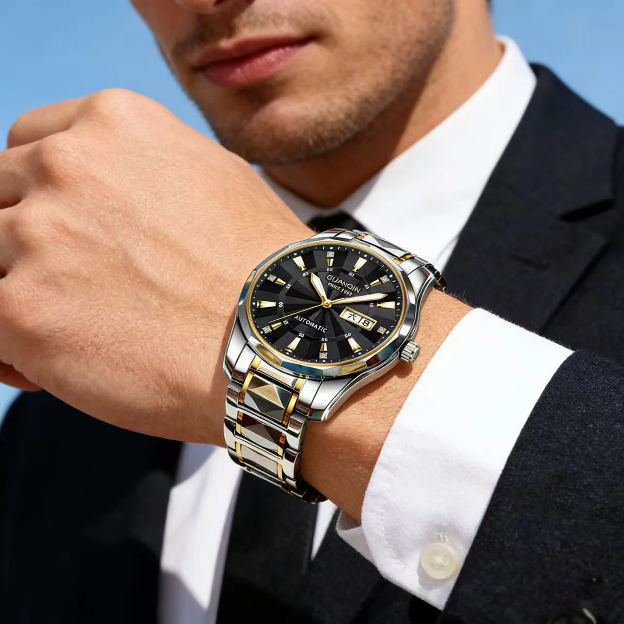 Guanqin Men's Waterproof Luminous Tungsten Steel Mechanical Watch Fashion Business Calendar Watch Sapphire Japanese movement