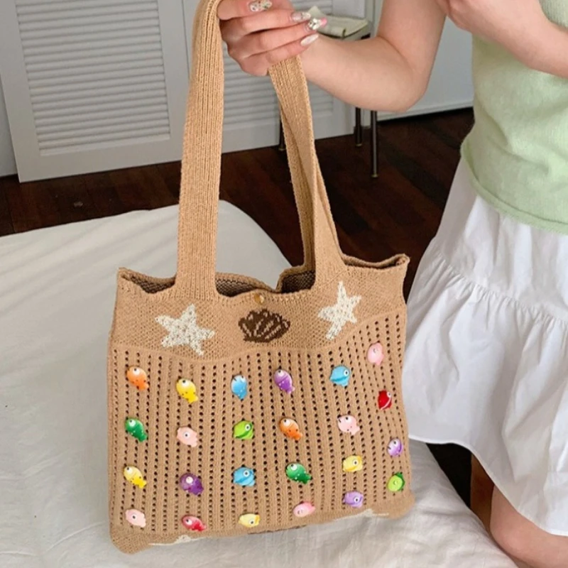 

Hollow Cute Woven Handbag 2026 Korean Canvas Shoulder Shopper Bag for Women 2026 Large Woman Tote Female Student Purses
