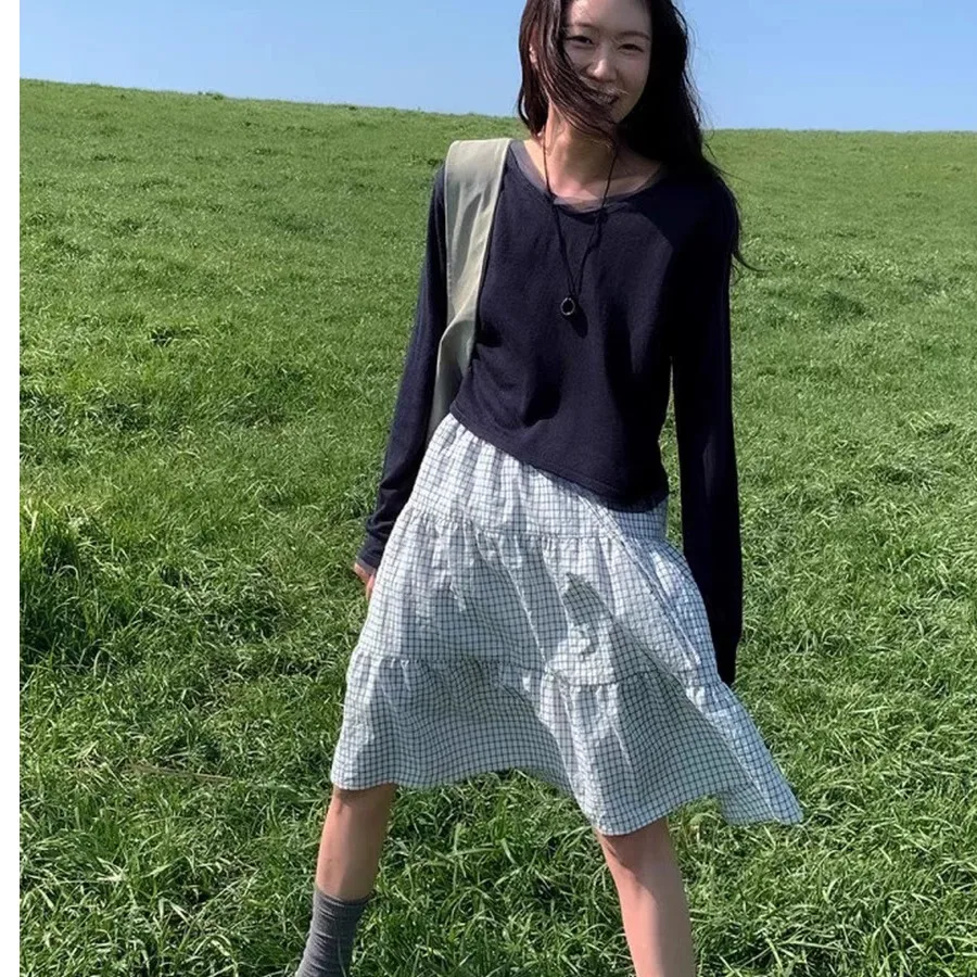 Plaid A-Line High Waist Elastic Waist Layered Midi Skirt Casual Style Women's Half Body Skirt High Waist Design Chinese Origin