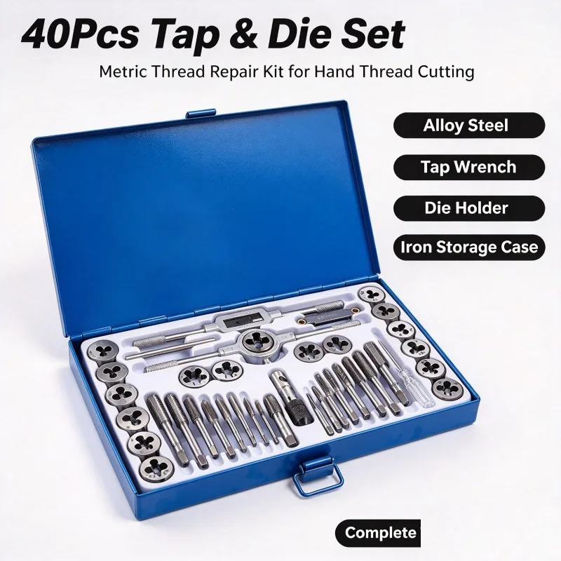 40Pcs Tap and Die Set, Thread Screw Taps Dies Wrench Kit, Hand Threading Tool Set with Iron Storage Case for MetricThread Repair