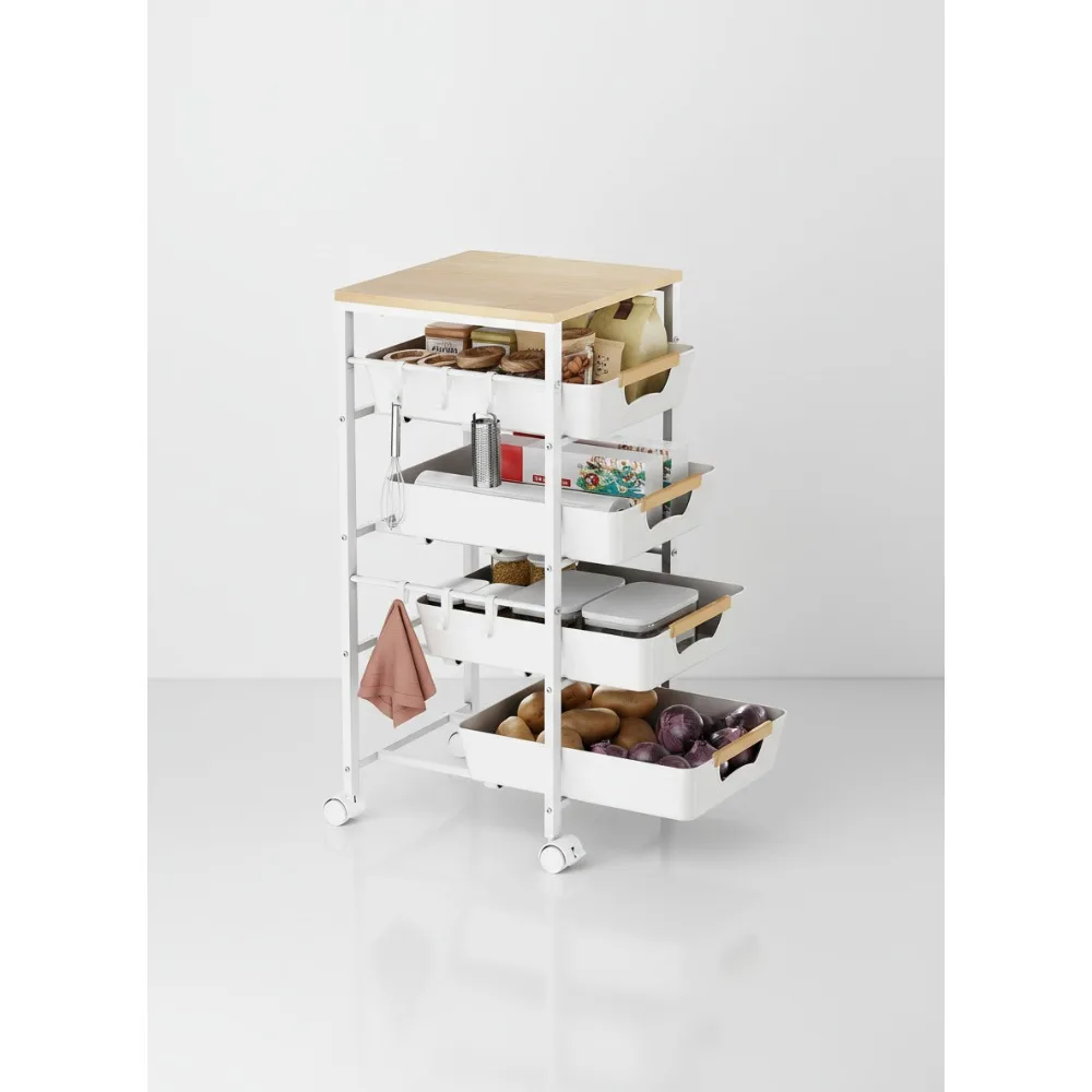

5-Tier Rolling Kitchen Cart with Wood Top, Pull-Out Baskets & Lockable Wheels - Versatile Storage Organizer for Home